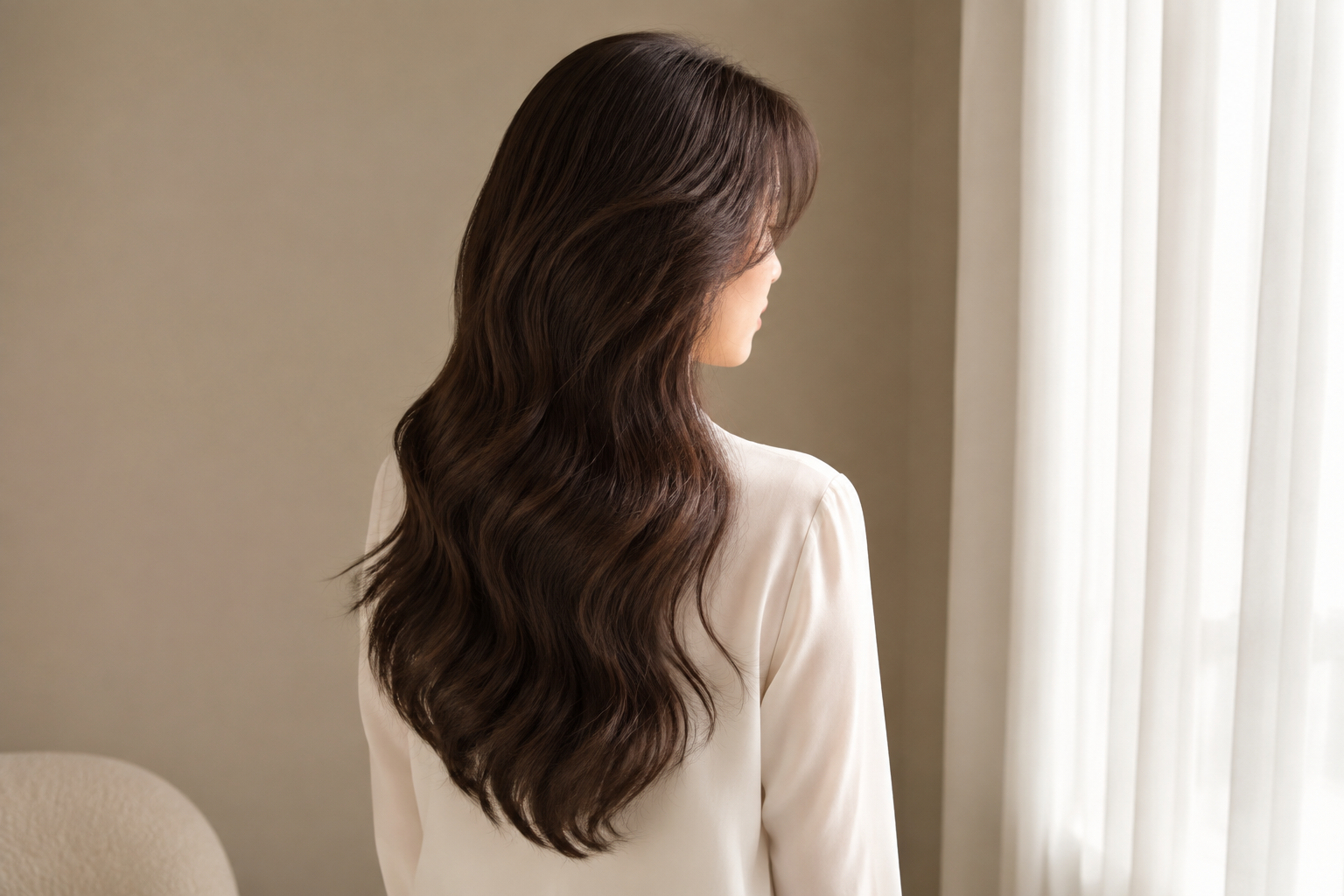 Long dark hair with subtle broad waves and gentle volume