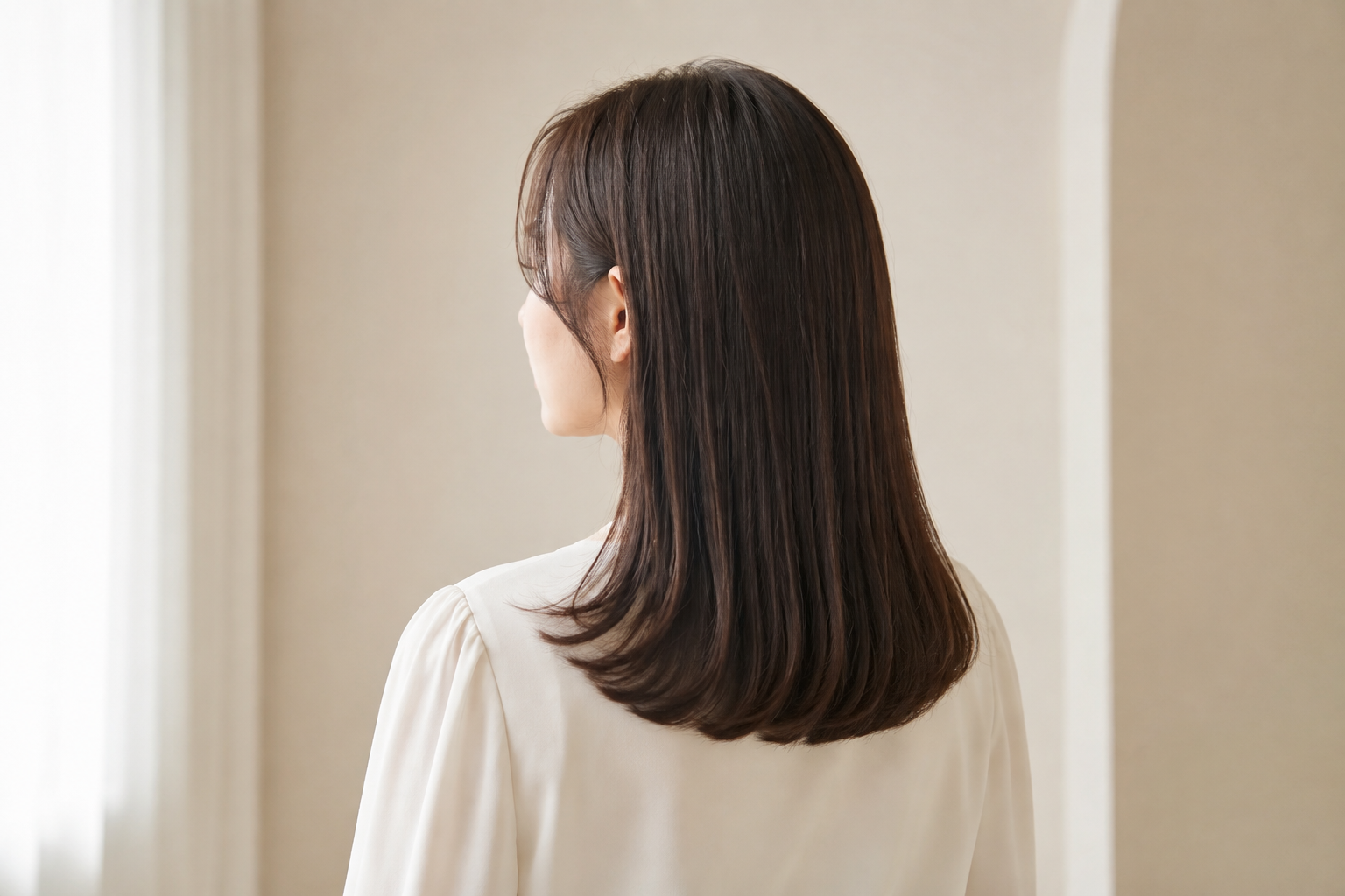 Medium-length dark hair with a soft inward bend at the ends