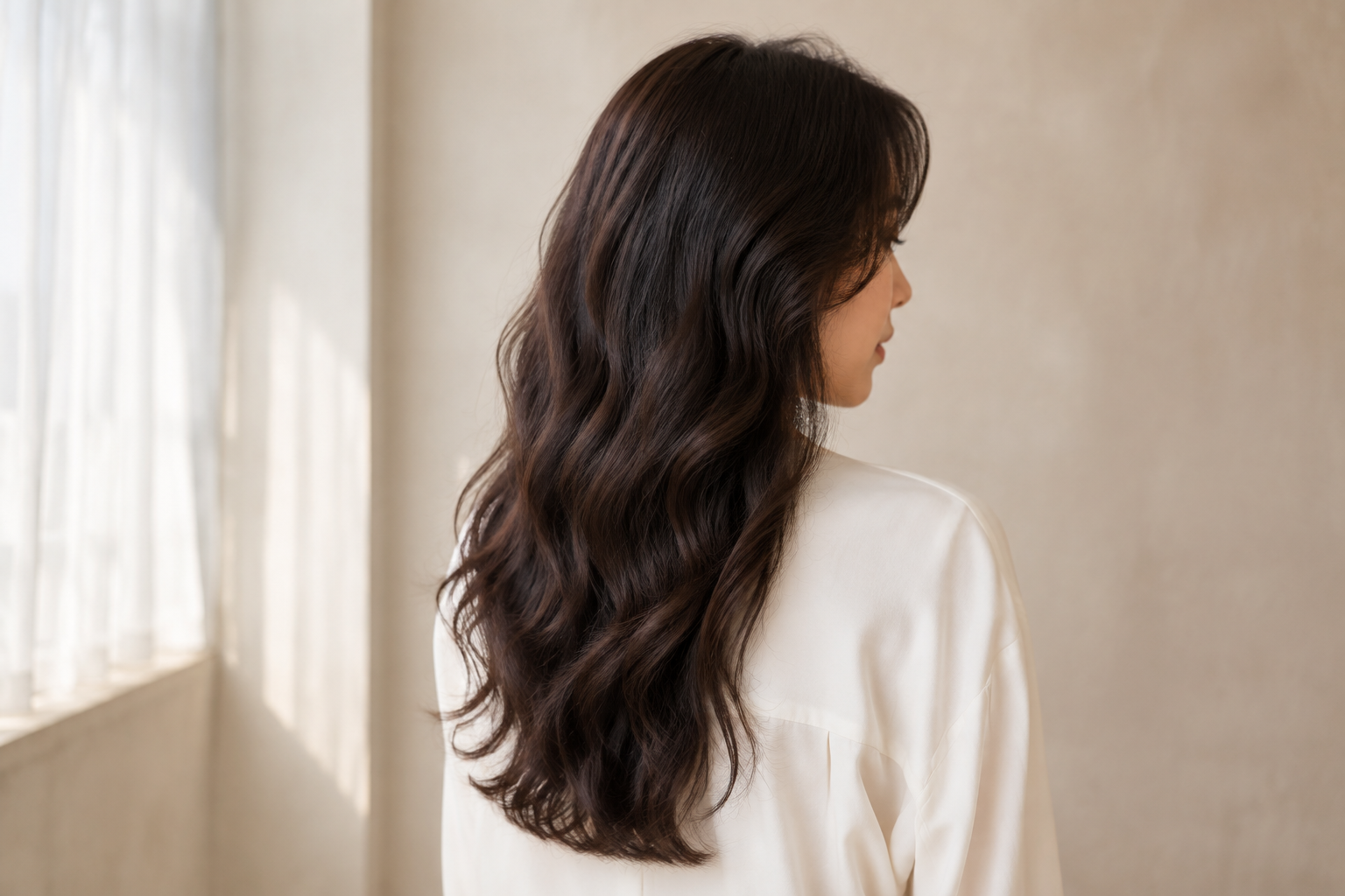 Soft, defined waves through long dark hair, shown from behind in an editorial studio photograph
