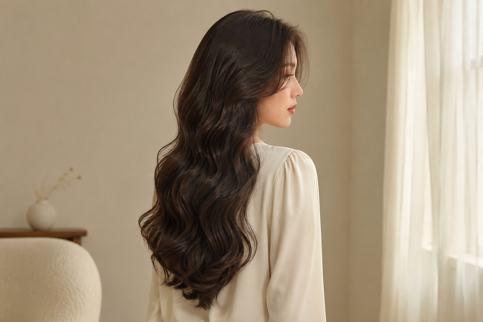 Long dark hair with defined flowing S-shaped waves