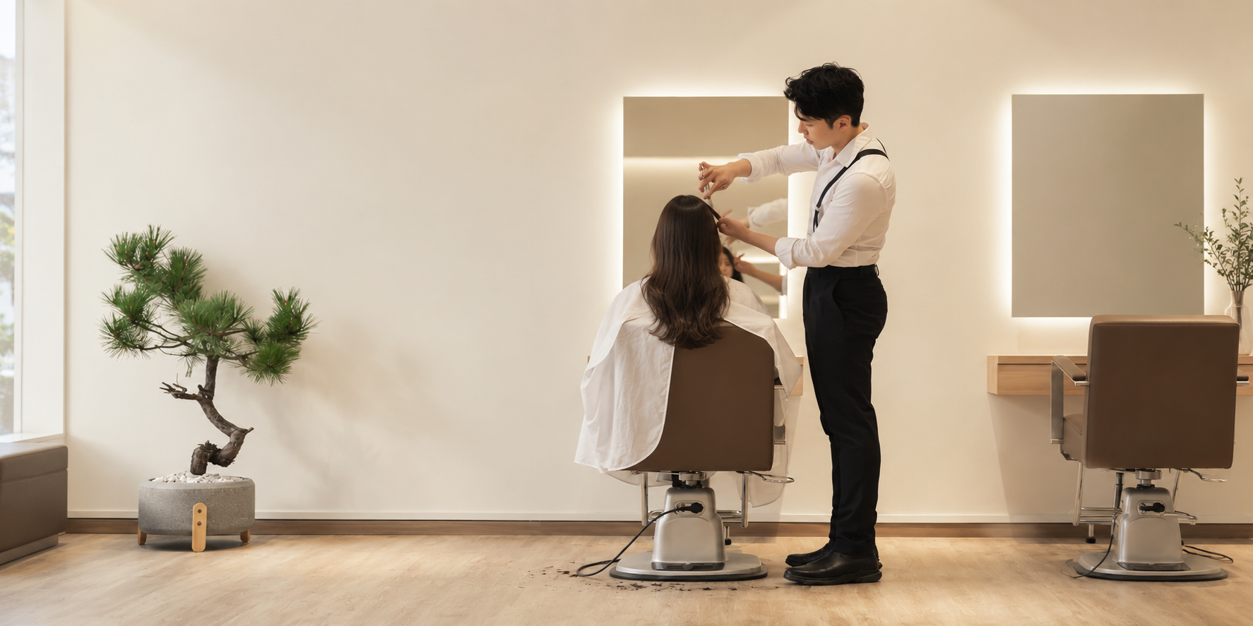 Beauty professional styling a client’s hair in a warm, minimalist salon