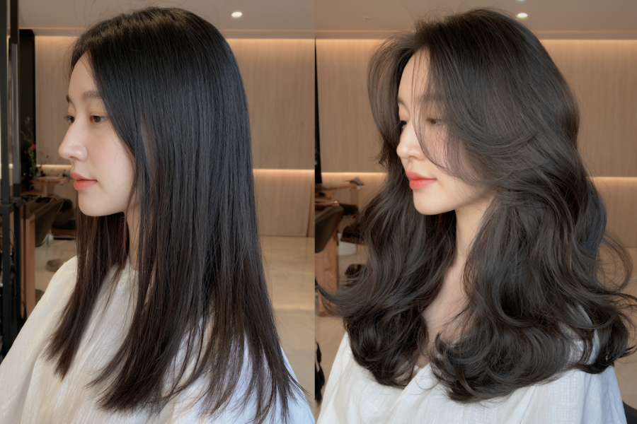 Asian woman with long, natural waves after a digital perm