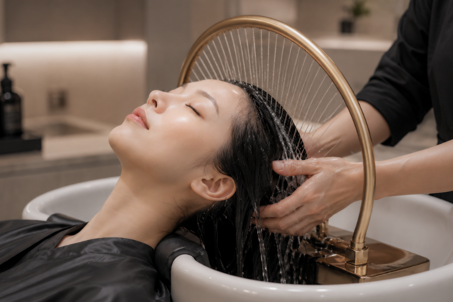 Client receiving a Korean head spa treatment under a gold water halo