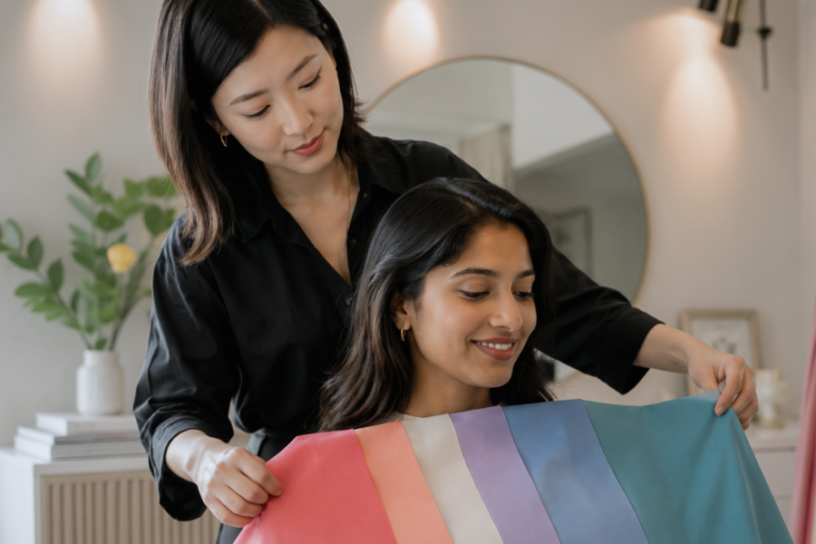 Client receiving a professional personal color analysis with fabric drapes
